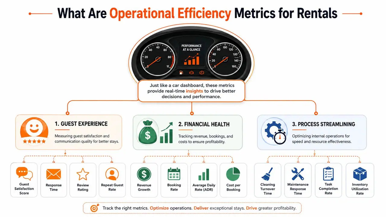 An infographic showing operational efficiency metrics for rental businesses categorized by guest experience, financial health, and process streamlining.