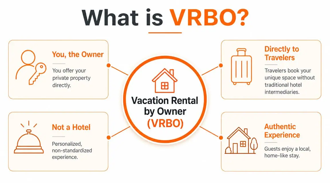 A diagram explaining the concept of VRBO as a vacation rental by owner platform for travelers.