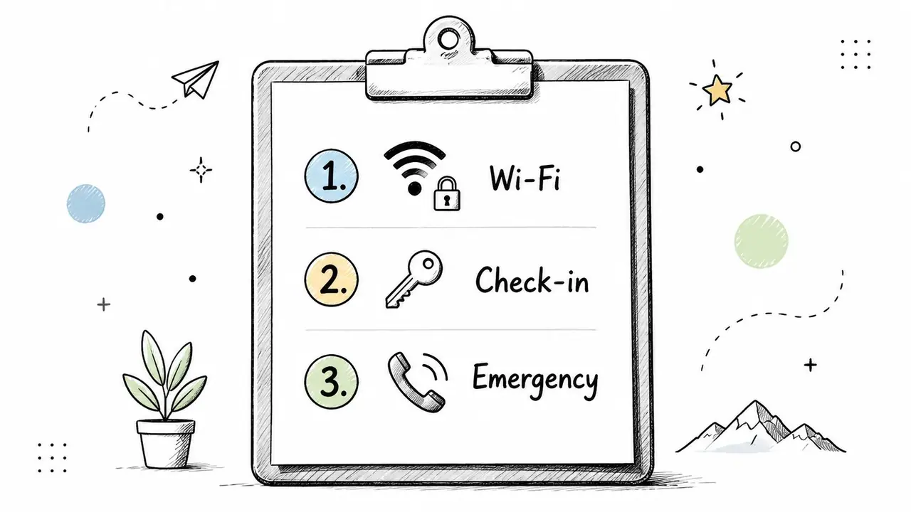 A clipboard illustration listing Wi-Fi, check-in, and emergency information for guests in a welcome guide.