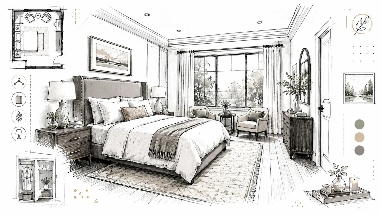 Un croquis architectural détaillé d'une chambre élégante et chaleureuse avec un grand lit.