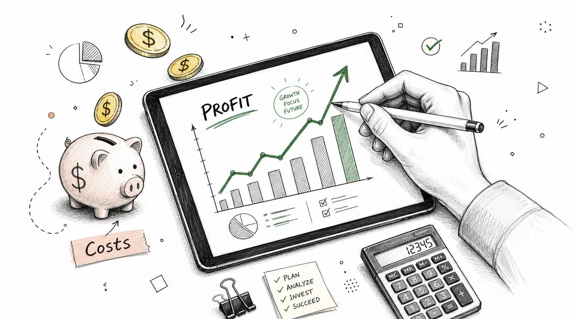 Une main dessinant un graphique de rentabilité sur une tablette numérique avec une tirelire et une calculatrice.