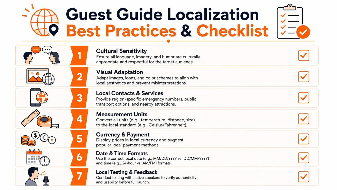 A checklist infographic detailing seven best practices for guest guide localization, from cultural sensitivity to local testing.
