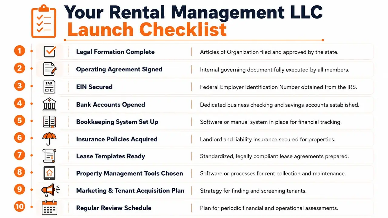A 10-step launch checklist infographic for establishing and managing a rental management limited liability company successfully.
