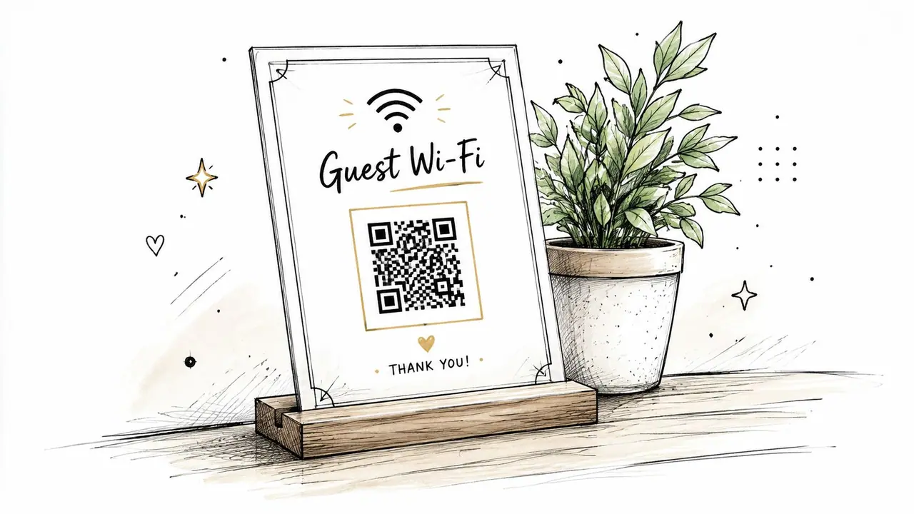 Un cartello da scrivania professionale che mostra un codice QR per l'accesso Wi-Fi degli ospiti accanto a una piccola pianta.