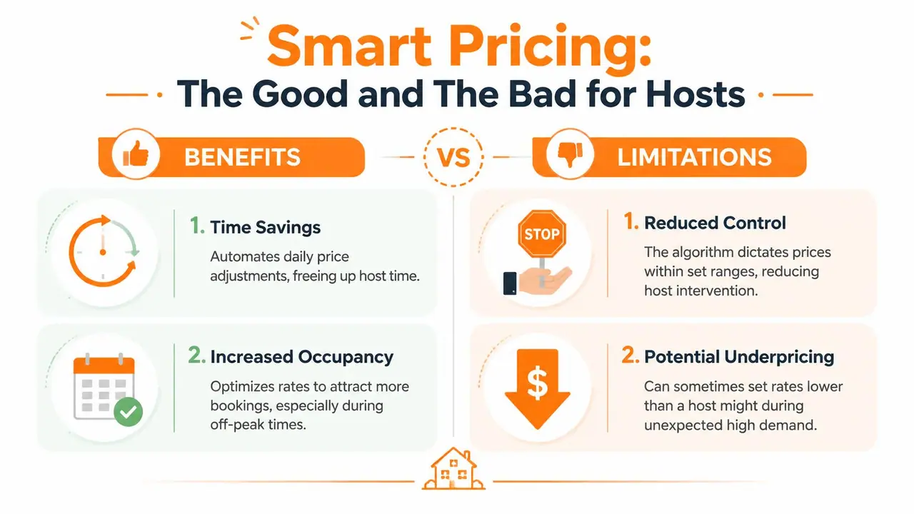 An infographic comparing the benefits and limitations of using smart pricing tools for property hosts.